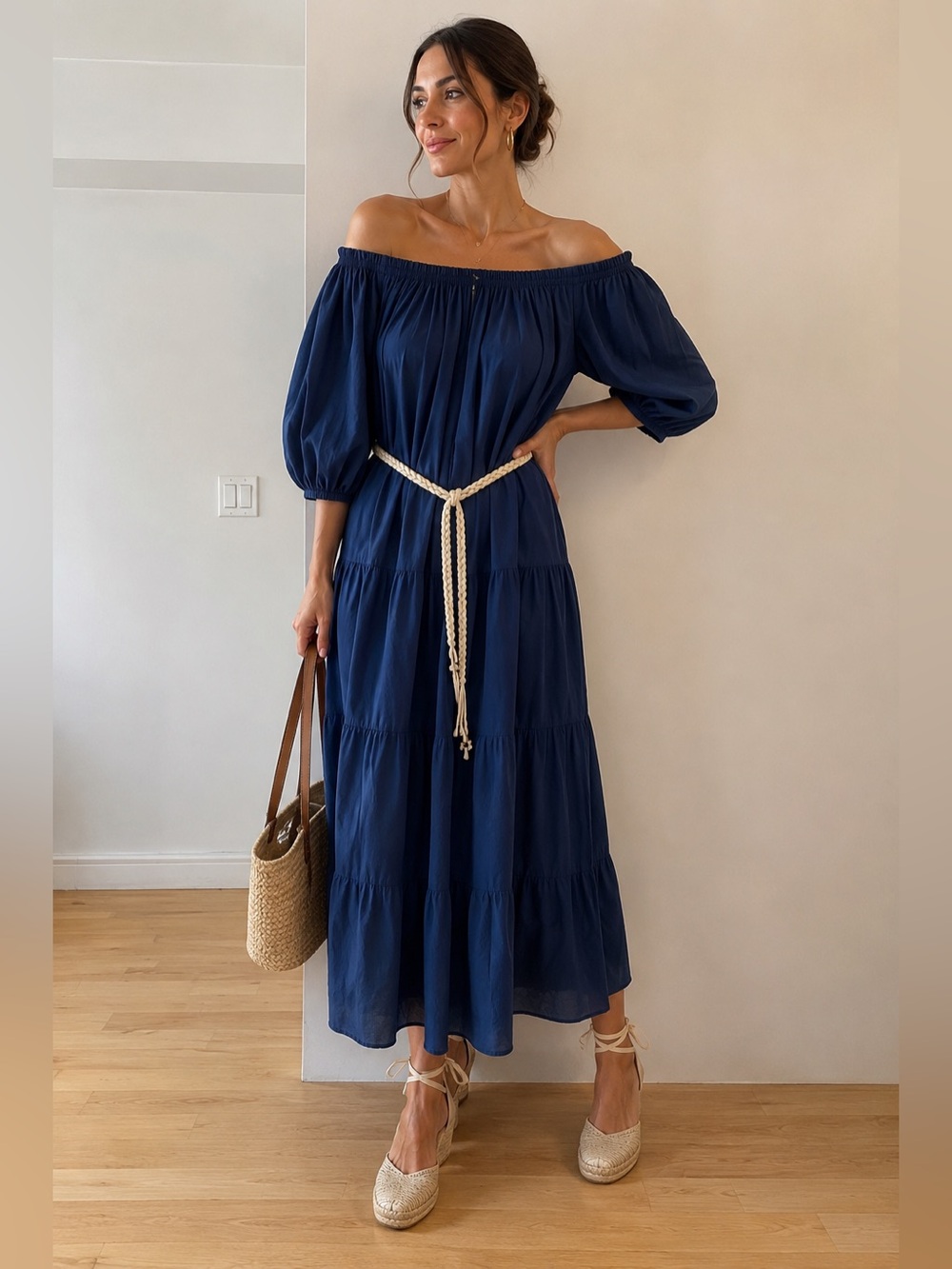 Boho Navy Maxi Dress with Puff Sleeves and Braided Belt